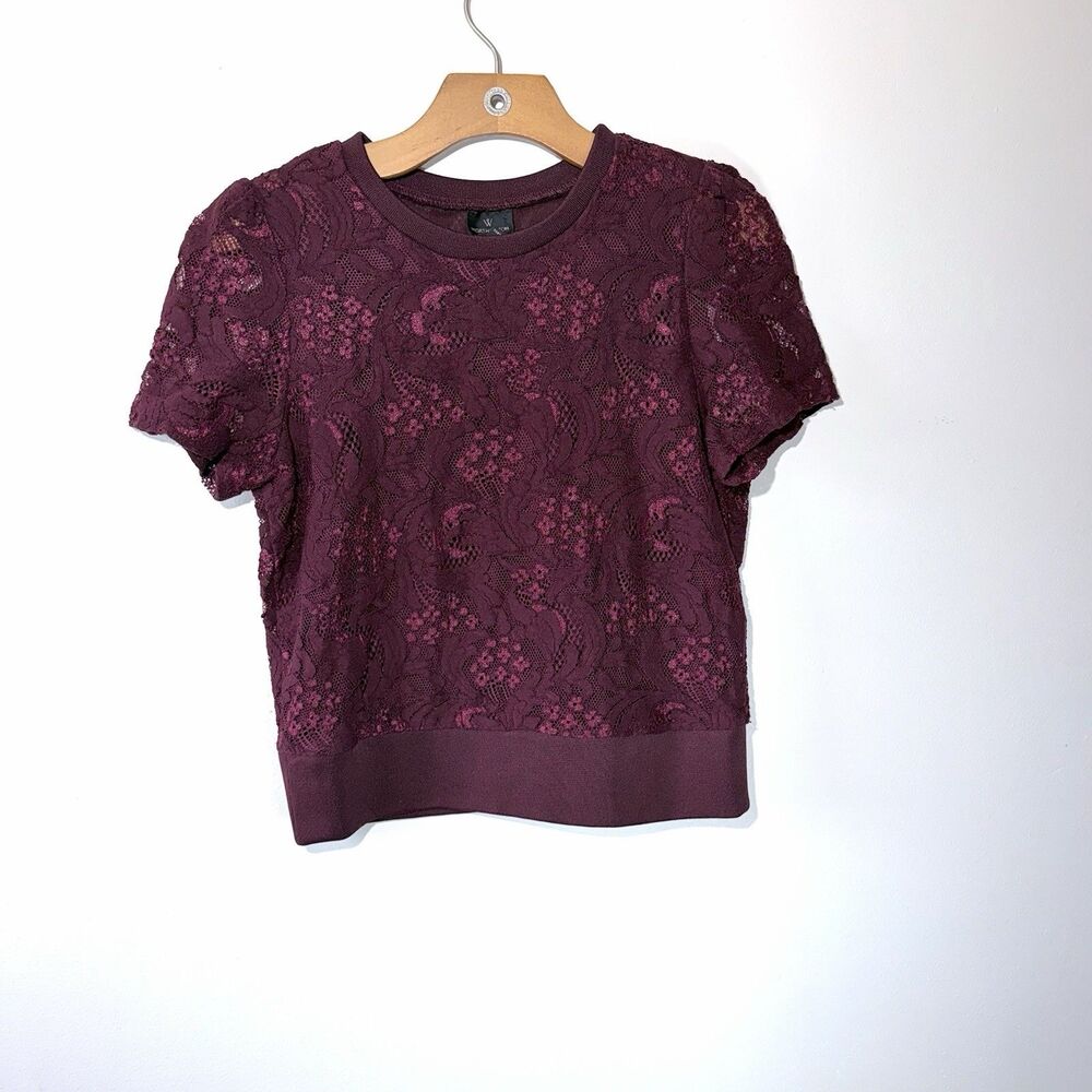 WORTHINGTON Blouse Women Maroon Lace Round Neck Lined Top Short Sleeve Size XS